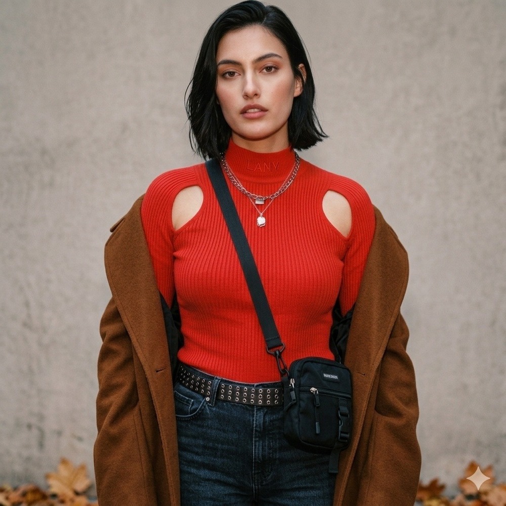 Red Cutout Mock Neck Long Sleeve Knit Top Raised LANY Detail Streetwear Size M